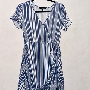 Blue and White Striped Wrap Dress